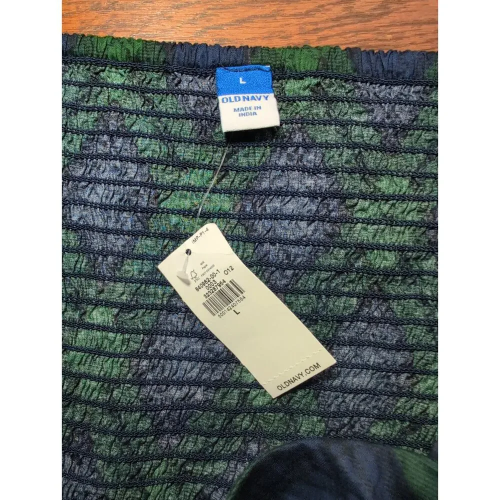 New Old Navy Plaid Peplum L Crop Puff Sleeve Green Blue Smocked Cottagecore